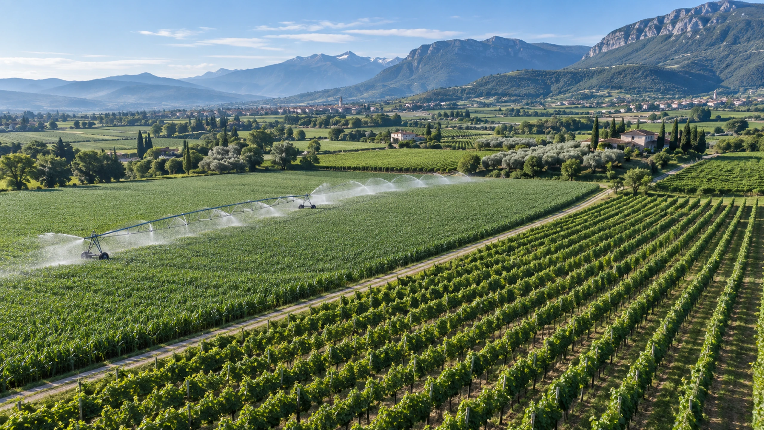 Panorama di campi coltivati con un impianto di irrigazione in funzione