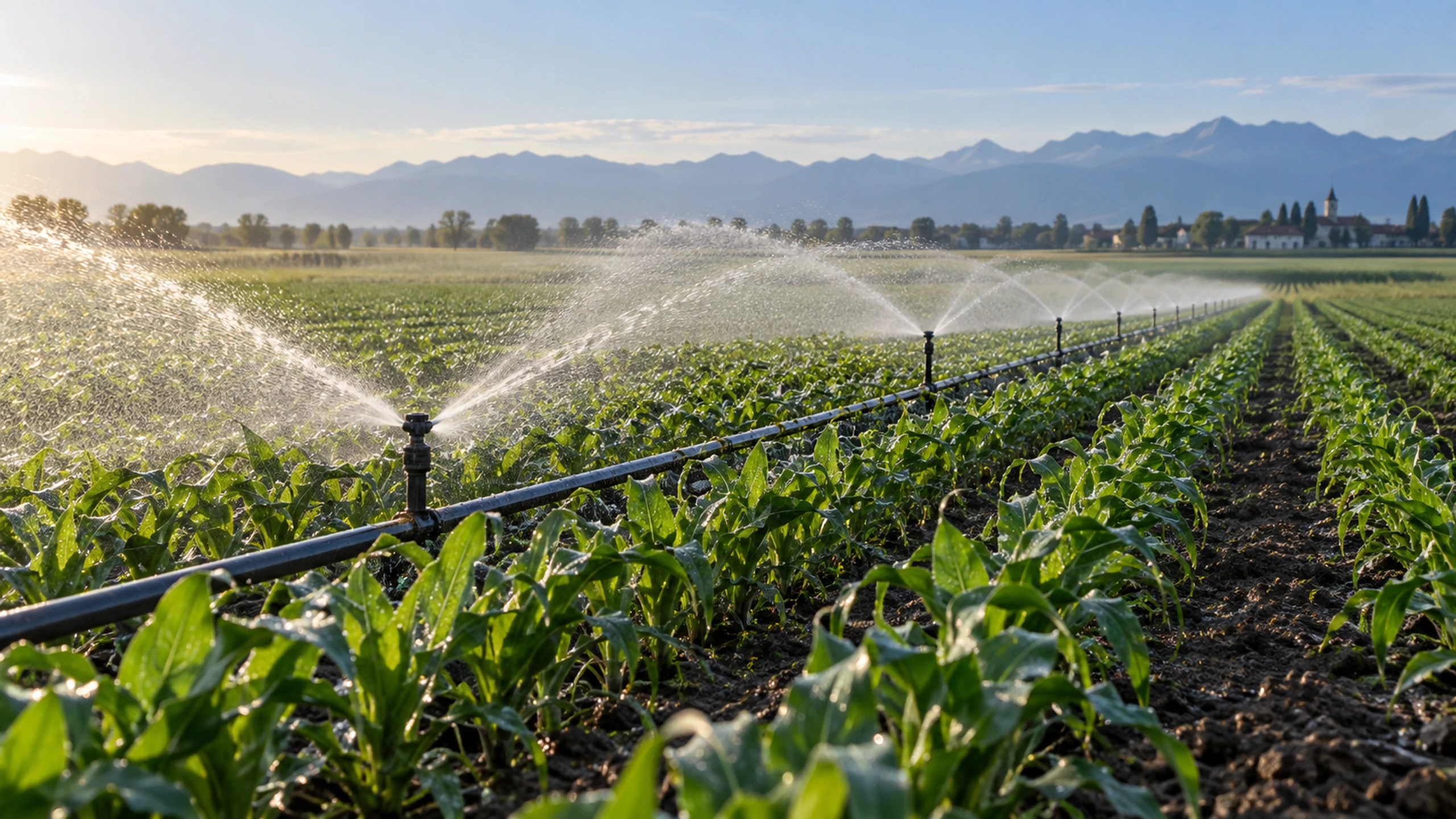 Irrigatori a pioggia in funzione su un campo