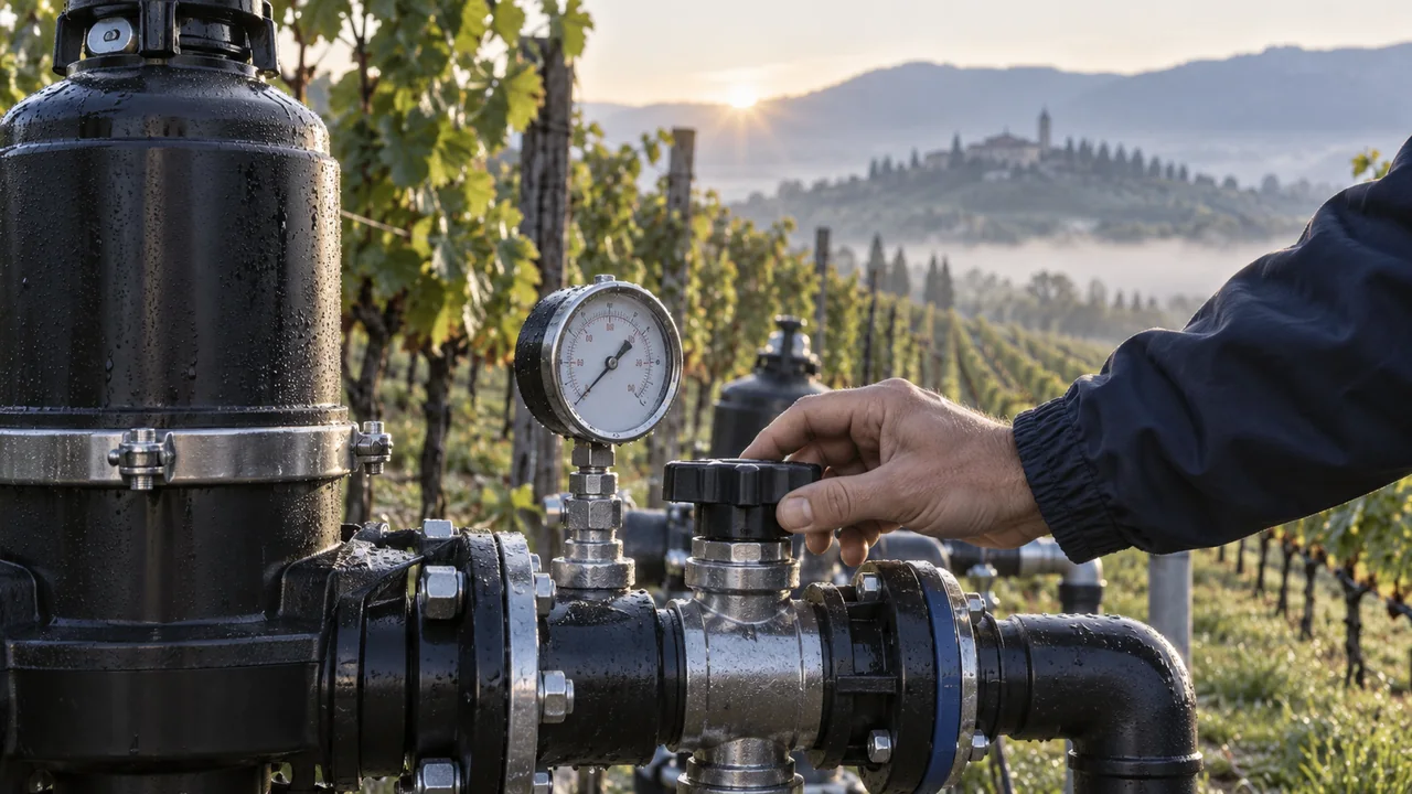 Tecnico al lavoro su un impianto di irrigazione