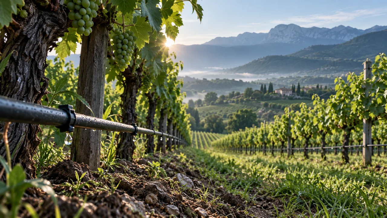 Irrigazione di un vigneto tra i filari