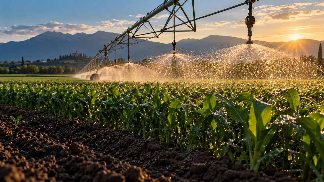 Irrigazione a pioggia su un campo coltivato, visualizzazione illustrativa